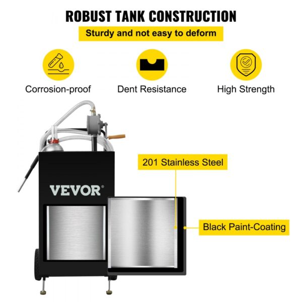 VEVOR fuel caddy with corrosion-proof, dent-resistant, high-strength 201 stainless steel and black paint-coating.