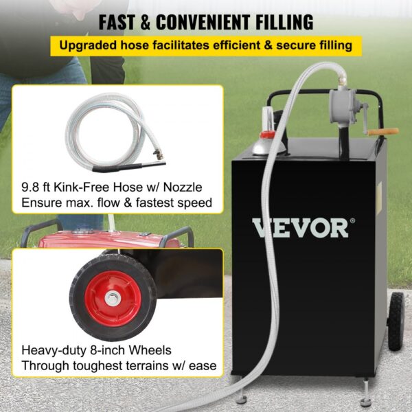 VEVOR fuel caddy with 9.8 ft kink-free hose, nozzle, and heavy-duty 8-inch wheels for easy fueling.