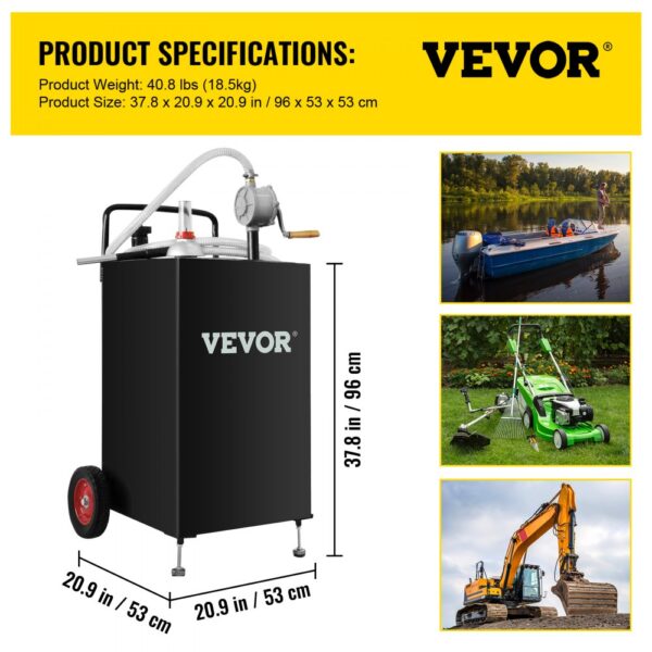 VEVOR fuel caddy with dimensions shown, boating, lawn care, and construction machinery in background.