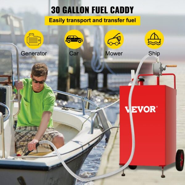 VEVOR fuel caddy easily transfers fuel to boats, with icons for generator, car, mower, and ship.