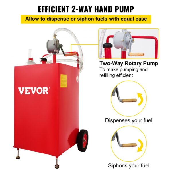 VEVOR fuel caddy with 2-way pump for efficient fuel dispensing and siphoning. durable red body, hand pump, wheels.