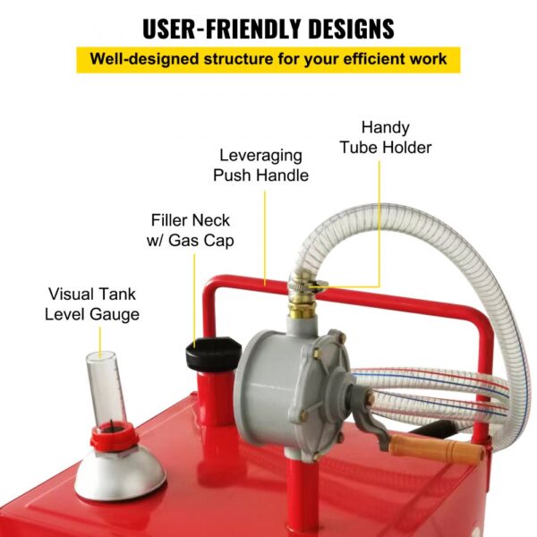 VEVOR fuel caddy with user-friendly design, visual tank level gauge, push handle, and handy tube holder.