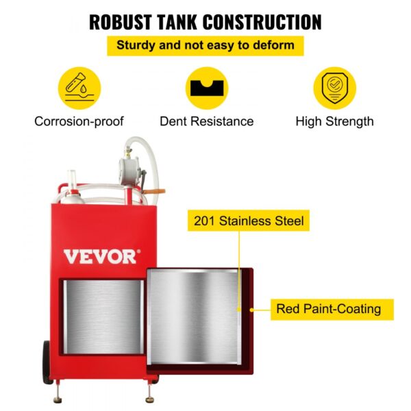 VEVOR fuel caddy featuring robust, corrosion-proof stainless steel with dent resistance and red paint-coating.