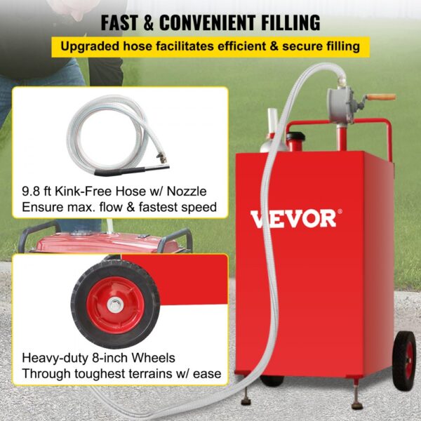 VEVOR fuel caddy with 9.8 ft kink-free hose and heavy-duty 8-inch wheels for fast, convenient filling.