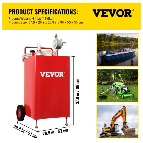 red VEVOR fuel transfer equipment with specifications and outdoor usage examples.