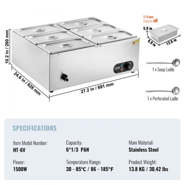 VEVOR Commercial Electric Food Warmer Countertop Buffet 6*5Qt Pan Bain Marie