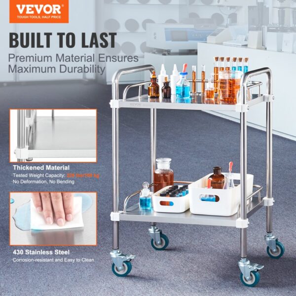 VEVOR lab rolling cart with premium material, 430 stainless steel, and thickened shelves for lab use.
