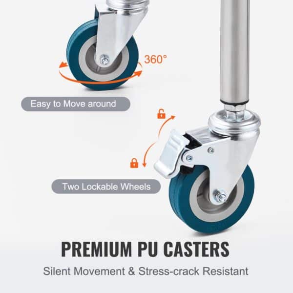 VEVOR lab rolling cart with premium pu casters, 360° rotation, and two lockable wheels for easy movement.