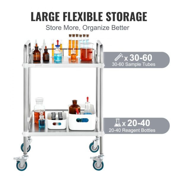VEVOR lab rolling cart with two tiers storing sample tubes and reagent bottles, large flexible storage