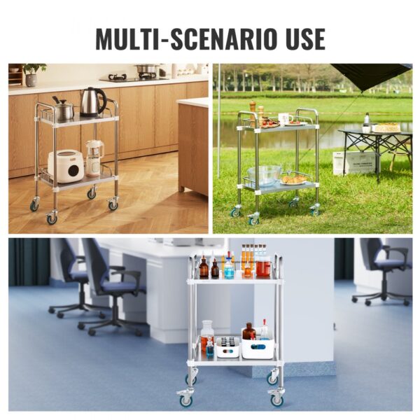 VEVOR lab rolling cart used in kitchen, outdoor picnic, and office laboratory settings.
