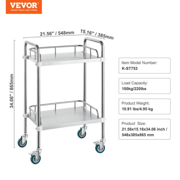 VEVOR lab rolling cart with two shelves, locking wheels, and 100kg/220lbs load capacity.