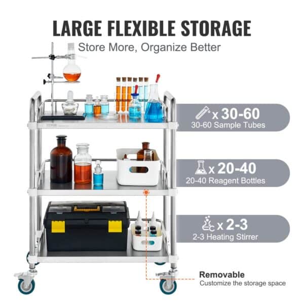 VEVOR Lab Rolling Cart, 3-Shelf Stainless Steel Rolling Cart, Lab Serving Cart with Swivel Casters, Dental Utility Cart for Clinic, Lab, Hospital, Salon, 26.38"x15.55"x34.13"
