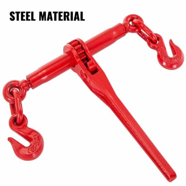 red VEVOR ratchet chain binder, steel material, with hooks on a white background.