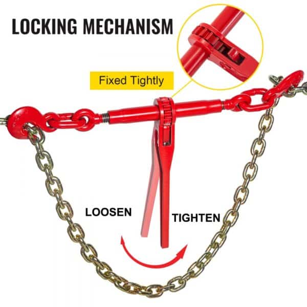 VEVOR ratchet chain binder demonstrating locking and tightening mechanism