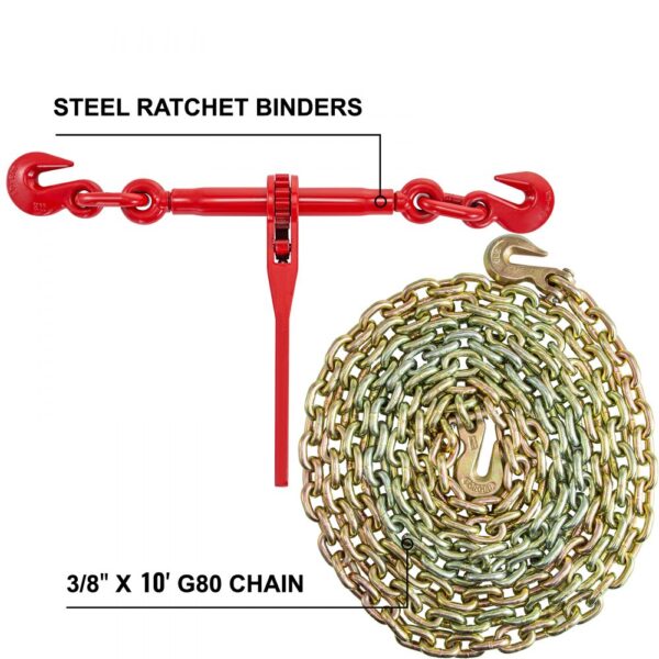 VEVOR chain and binder kit with red steel ratchet binders and 3/8" x 10' g80 chain.