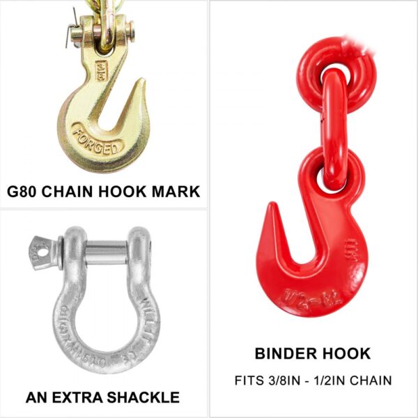 VEVOR chain and binder kit with g70 hook, shackle, and red chain hook.