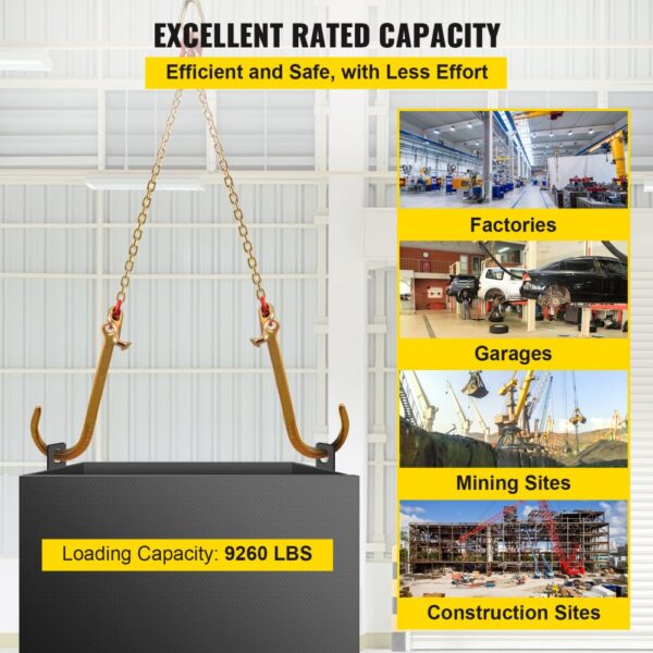 VEVOR v bridle chain with a 9260 lbs load capacity shown at various industrial sites.