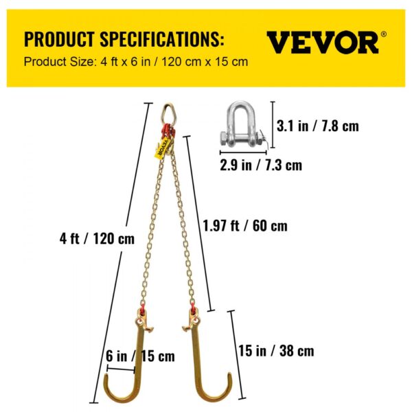 VEVOR v bridle chain with dimensions and hooks for lifting.