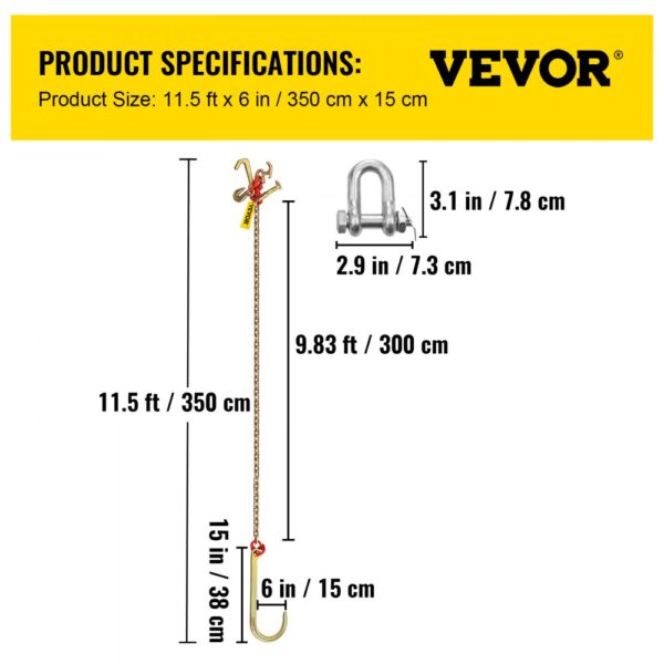 VEVOR j hook chain, 11.5 ft long, 15 in hook, 3.1 in shackle, product specs in yellow.