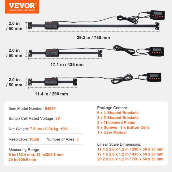 VEVOR Digital Readout 6'' & 12'' & 24'' Linear Scale 3 Axis DRO Display Kit