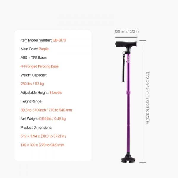VEVOR Walking Cane Folding Walking Stick 8-Level Height 4-Pronged Pivoting Base