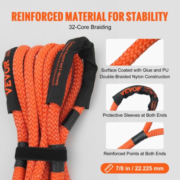 VEVOR kinetic recovery tow rope, 32-core, double-braided nylon, protective sleeves, reinforced ends.