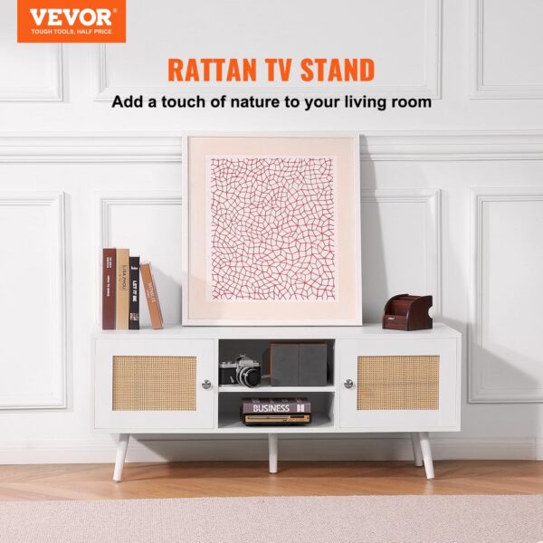 VEVOR rattan tv stand with shelves, books, decor items, and abstract wall art in a modern living room.