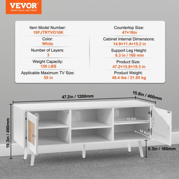 VEVOR rattan tv stand features white color, dimensions of 47.2"x15.8"x19.3", and a 150 lb weight capacity.