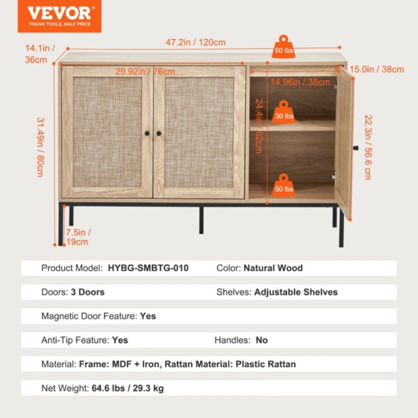 VEVOR Rattan Cabinet Storage with 3 Magnetic Doors & Adjustable Shelves Natural