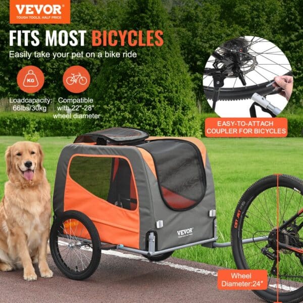 VEVOR dog bike trailer with orange and gray design, fits bicycles 22"-28", load capacity 66lbs/30kg.