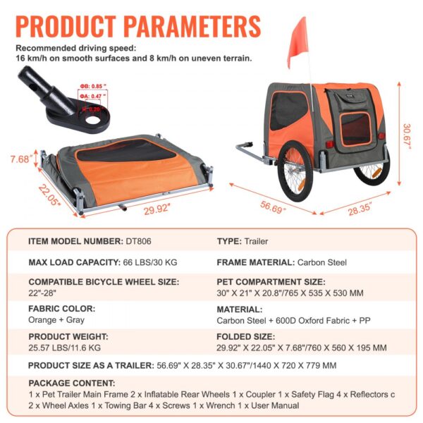 VEVOR dog bike trailer with orange and gray design, carbon steel frame, max load capacity 66 lbs.