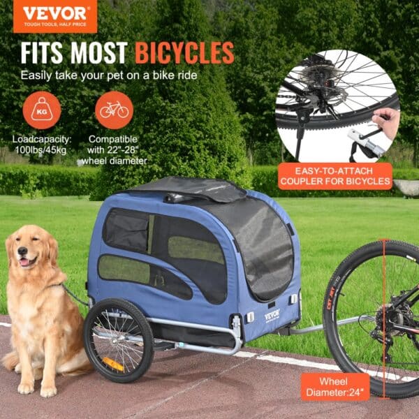 VEVOR dog bike trailer, blue, fits most bicycles, easy-to-attach, load capacity 100lbs, 24" wheel diameter.