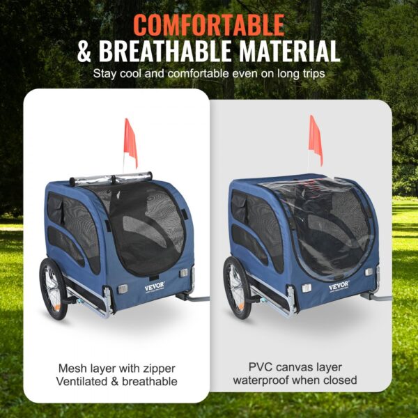 VEVOR dog bike trailer with breathable mesh and waterproof pvc layers for comfort and safety.