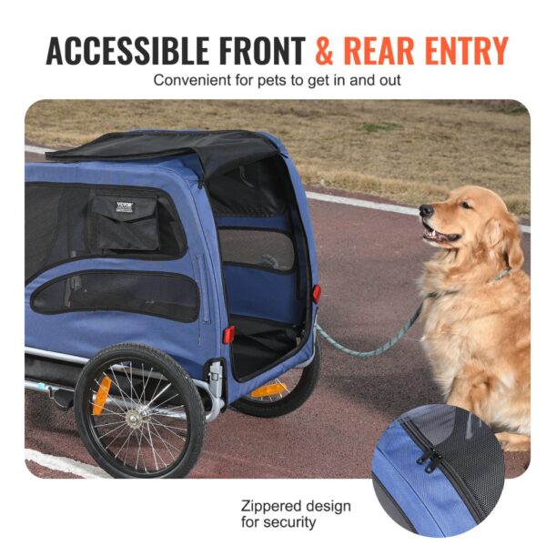 VEVOR pet trailer with zippered front and rear entry, featuring a golden retriever.