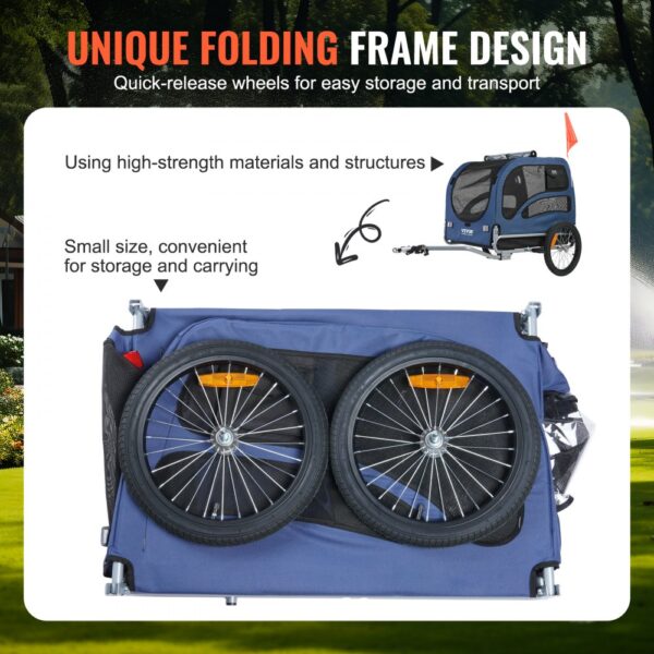 unique folding frame with quick-release wheels for easy VEVOR dog bike trailer storage and transport.