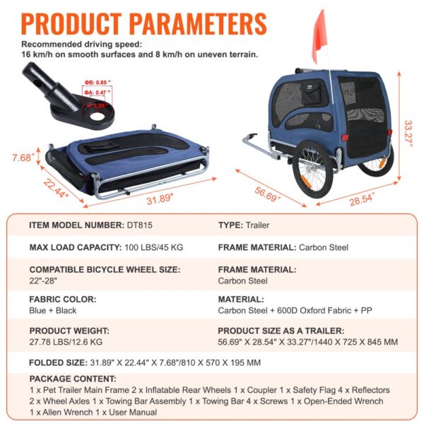 VEVOR dog bike trailer dimensions and specifications, including weight, frame material, and max load capacity.