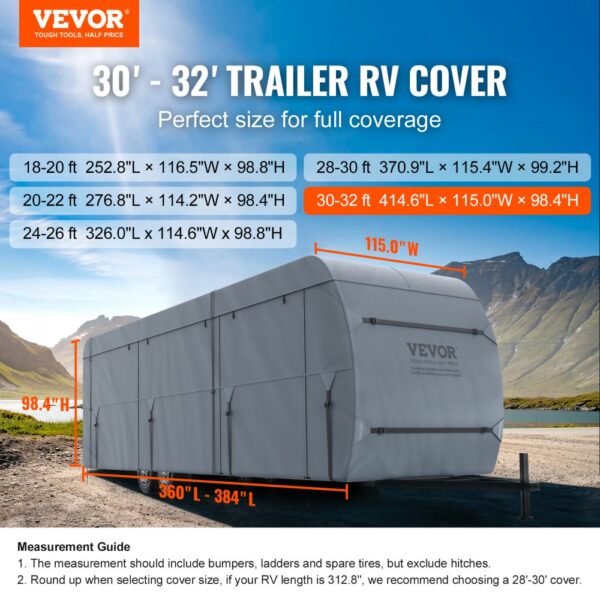 VEVOR rv cover for 30'-32' trailer, perfect size with 115.0"w and 98.4"h for full coverage.