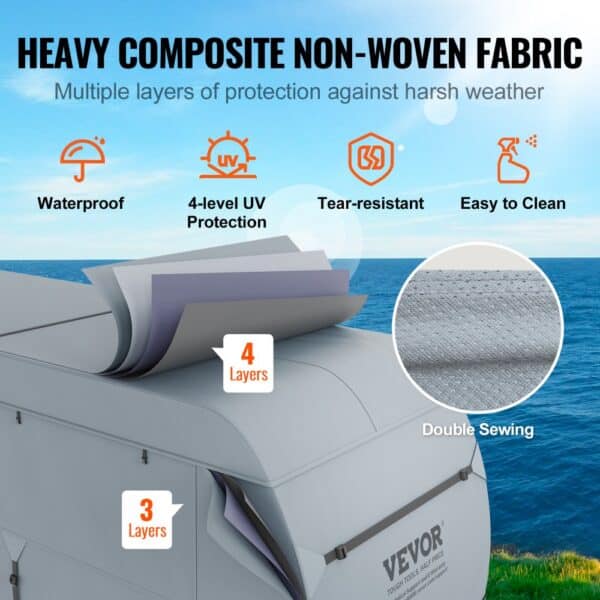 VEVOR rv cover with heavy composite non-woven fabric, waterproof, uv protection, tear-resistant, easy to clean.