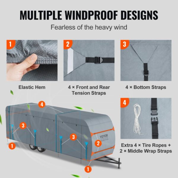 VEVOR rv cover with elastic hem, tension straps, bottom straps, tire ropes, and middle wrap straps for wind protection.