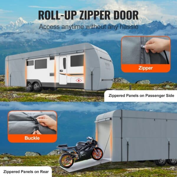 VEVOR rv cover with roll-up zipper door, showing zippered panels, buckles, and a motorcycle in the rear.