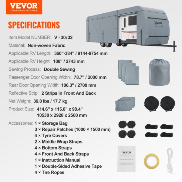 VEVOR rv cover details: non-woven fabric, fits 360"-384" rvs, includes storage bag, repair patches, and tyre covers.