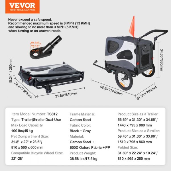 VEVOR dog bike trailer dimensions, material details, and specifications for sizes, weights, and capacity.