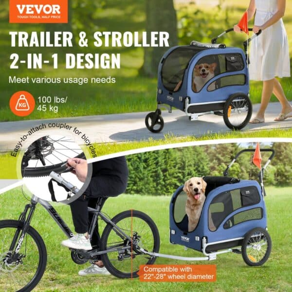 VEVOR dog bike trailer and stroller, 2-in-1 design, 100 lbs capacity, bicycle attachment, blue.