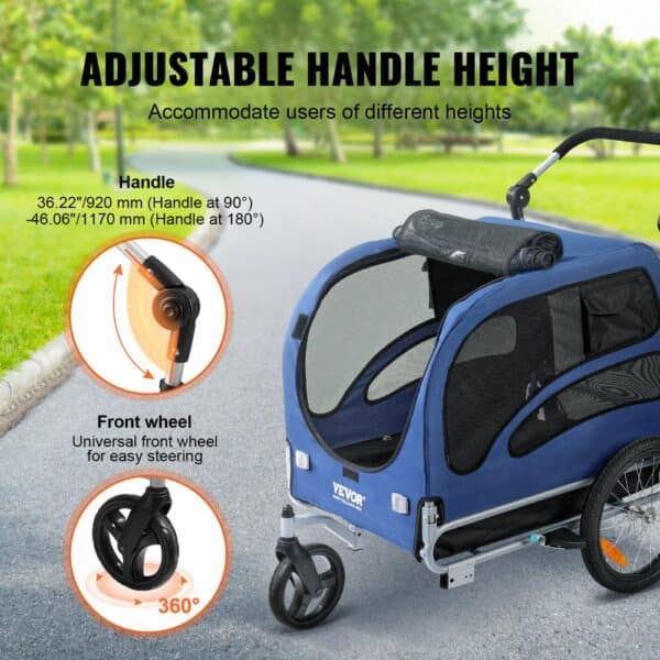 VEVOR dog bike trailer with adjustable handle height and 360° front wheel for easy steering.