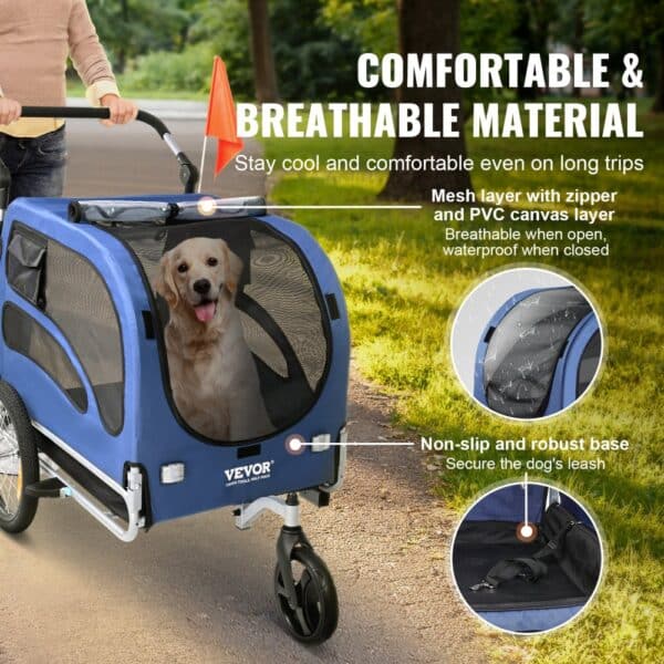 dog in a blue VEVOR dog bike trailer with breathable mesh, waterproof canvas, and a non-slip base.