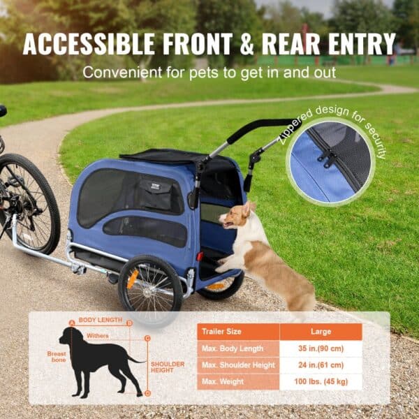 VEVOR dog bike trailer with zippered entry, safety feature, and size chart, shown on a park trail.