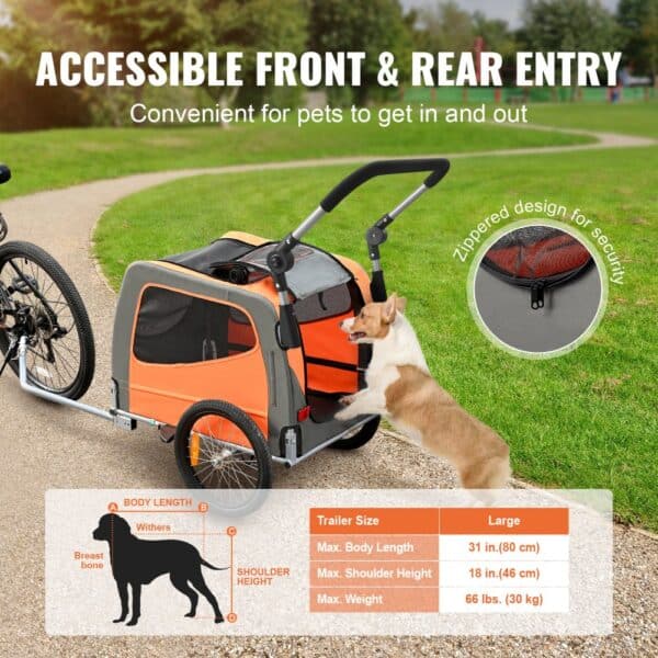 VEVOR Dog Bike Trailer, Supports up to 66 lbs, 2-in-1 Pet Stroller Cart Bicycle Carrier, Easy Folding Cart Frame with Quick Release Wheels, Universal Bicycle Coupler, Reflectors, Flag, Orange/Gray