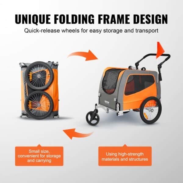 VEVOR Dog Bike Trailer, Supports up to 66 lbs, 2-in-1 Pet Stroller Cart Bicycle Carrier, Easy Folding Cart Frame with Quick Release Wheels, Universal Bicycle Coupler, Reflectors, Flag, Orange/Gray