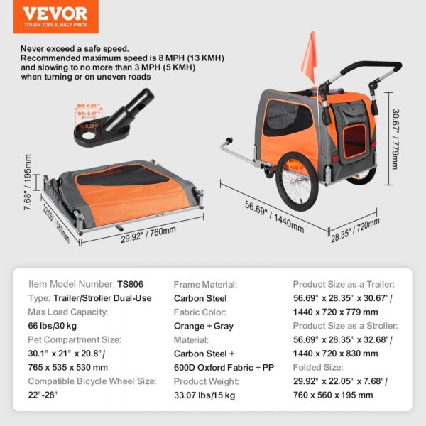 VEVOR Dog Bike Trailer, Supports up to 66 lbs, 2-in-1 Pet Stroller Cart Bicycle Carrier, Easy Folding Cart Frame with Quick Release Wheels, Universal Bicycle Coupler, Reflectors, Flag, Orange/Gray