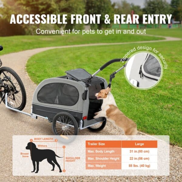 VEVOR dog bike trailer with accessible front and rear entry, allowing pets to get in and out easily.